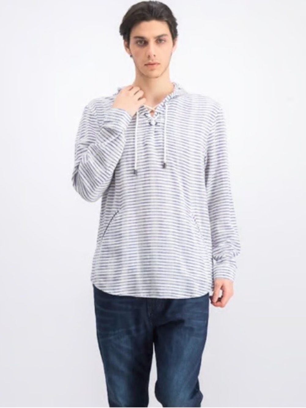 INC International Concepts White & Light Gray Striped Hooded Lace-Up Top